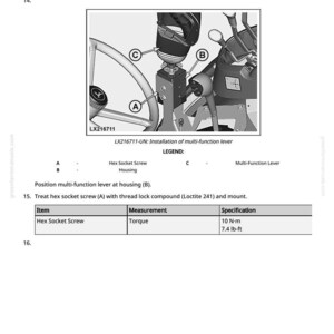 May include: Diagram of a multi-function lever installation, with a steering wheel and other mechanical components. The image includes a table with torque specifications for hex nuts and hex socket screws, measured in lb-ft.