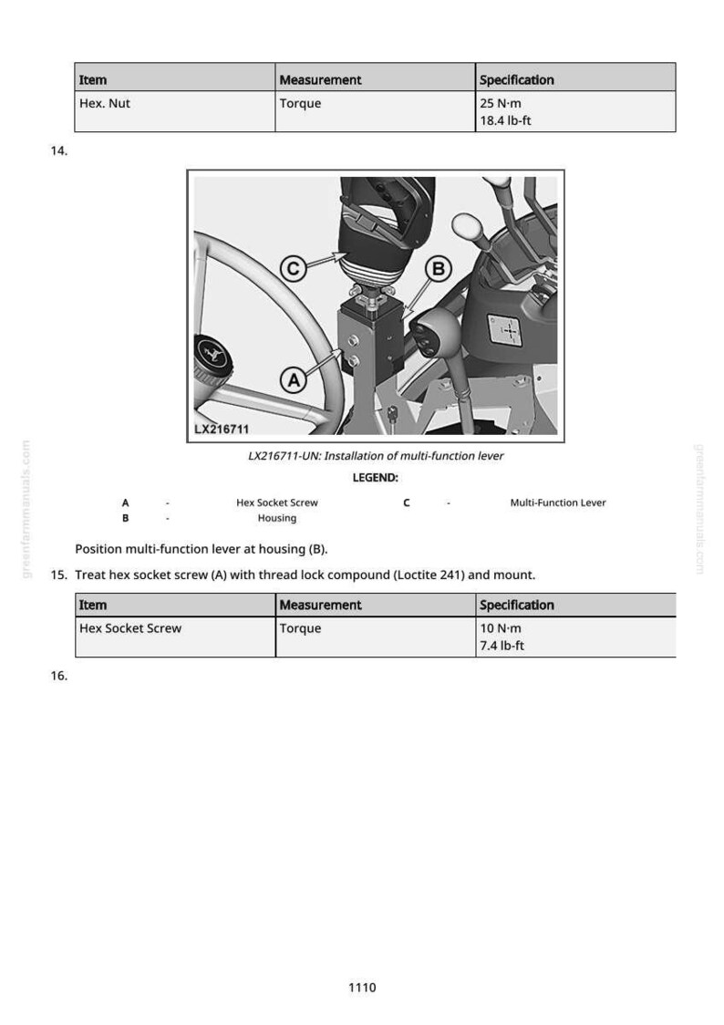 May include: Diagram of a multi-function lever installation, with a steering wheel and other mechanical components. The image includes a table with torque specifications for hex nuts and hex socket screws, measured in lb-ft.