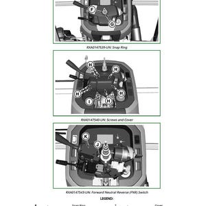 May include: Diagram of mechanical components with labels. The image shows three detailed views of parts, including a snap ring, screws, and a Forward Neutral Reverse (FNR) switch. Text labels identify each part, with a legend at the bottom.