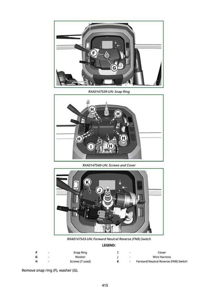 May include: Diagram of mechanical components with labels. The image shows three detailed views of parts, including a snap ring, screws, and a Forward Neutral Reverse (FNR) switch. Text labels identify each part, with a legend at the bottom.