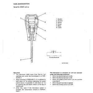 May include: Diagram of a kick-down switch, labeled with parts like switch, washer, and cable. Includes text on operation and conditions for cancellation. Serial No. 20001 and up.