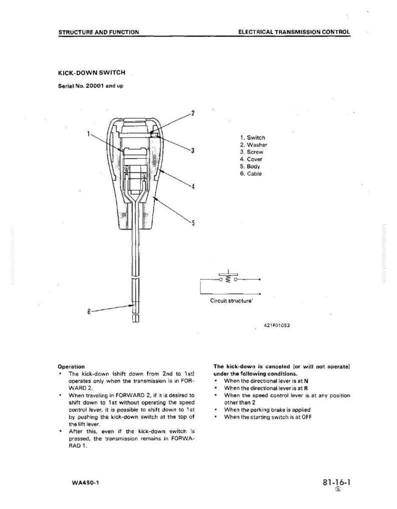 May include: Diagram of a kick-down switch, labeled with parts like switch, washer, and cable. Includes text on operation and conditions for cancellation. Serial No. 20001 and up.