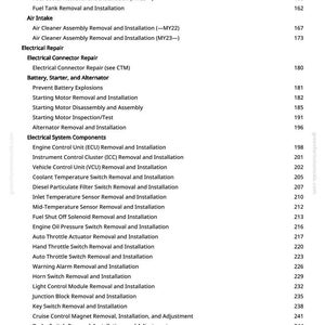 May include: A detailed table of contents from a manual, listing automotive repair procedures. Sections include fuel, air intake, electrical, and engine components. Page numbers are listed next to each item, such as "Fuel Cooler Removal and Installation" on page 157.