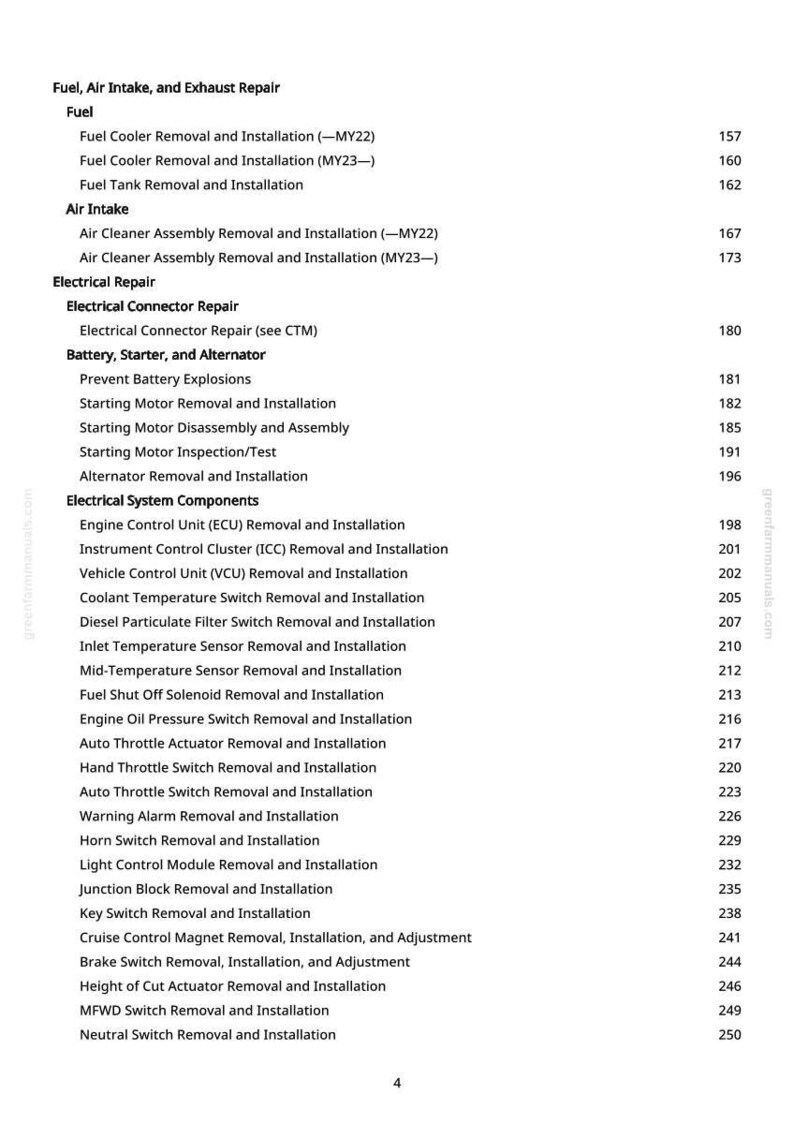 May include: A detailed table of contents from a manual, listing automotive repair procedures. Sections include fuel, air intake, electrical, and engine components. Page numbers are listed next to each item, such as "Fuel Cooler Removal and Installation" on page 157.