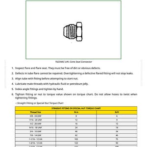 K&ouml;nnte beinhalten: Diagramm eines Kegelsitzverbinders mit Drehmomenttabelle. Die Tabelle listet Gewindegr&ouml;&szlig;en, Drehmomentwerte in Newtonmetern und Pfundfu&szlig; auf. Anweisungen umfassen die Inspektion des B&ouml;rdelansatzes, das Ausrichten des Rohrs und das Schmieren der Gewinde.