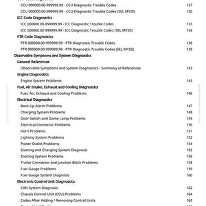 May include: A page from a manual with a table of contents. The headings include Diagnostic Trouble Codes, Engine Diagnostics, and Electrical Diagnostics. Page numbers are listed on the right side of the page.