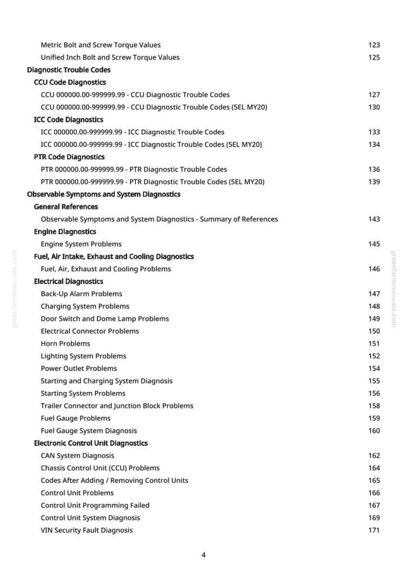 May include: A page from a manual with a table of contents. The headings include Diagnostic Trouble Codes, Engine Diagnostics, and Electrical Diagnostics. Page numbers are listed on the right side of the page.