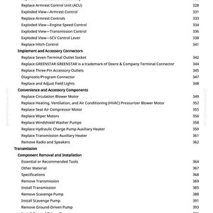 May include: A white-backgrounded page with a detailed table of contents for tractor repair and maintenance. The document lists various procedures, including armrest control, transmission, and accessory connectors, with corresponding page numbers.