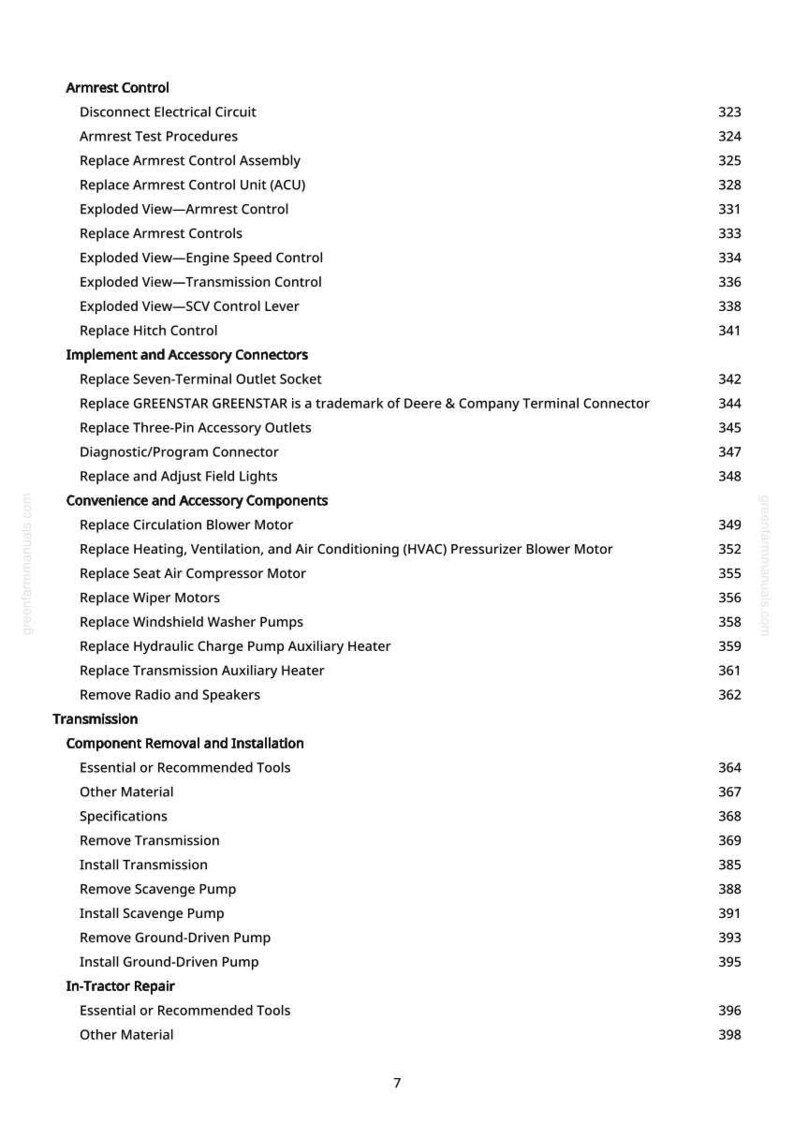 May include: A white-backgrounded page with a detailed table of contents for tractor repair and maintenance. The document lists various procedures, including armrest control, transmission, and accessory connectors, with corresponding page numbers.