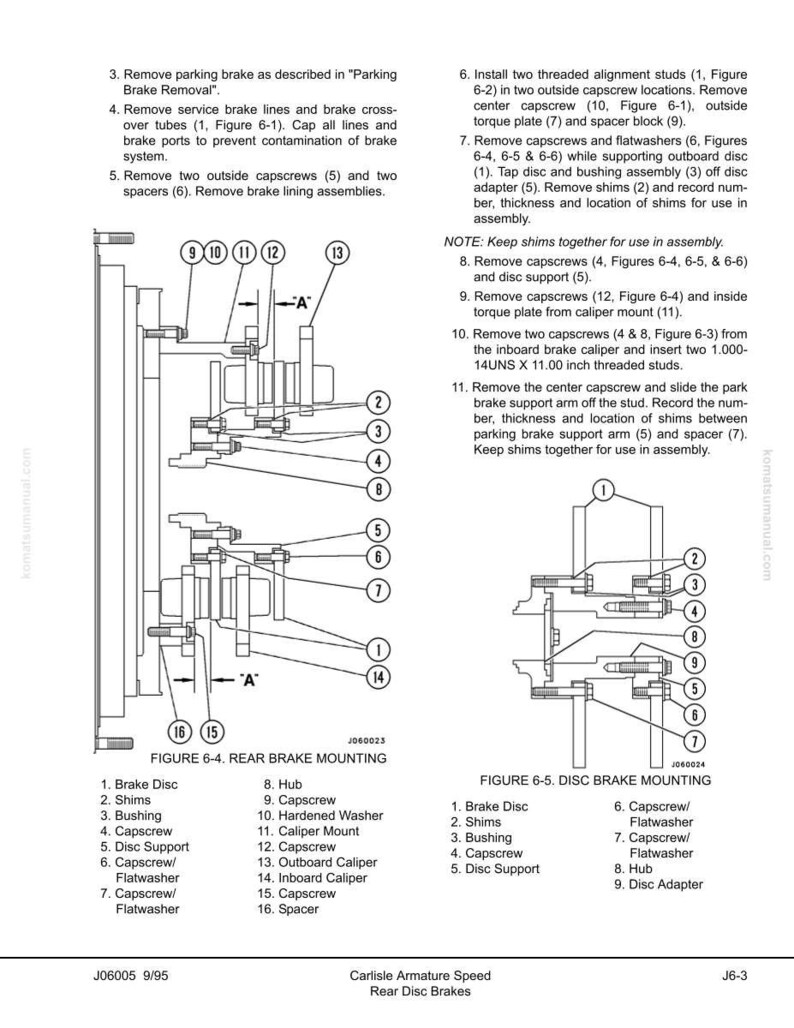 May include: Diagram of rear disc brake mounting and disc brake mounting, with numbered parts and assembly instructions. Includes labels for brake disc, shims, bushing, capscrews, and other components. Text includes "Carlisle Armature Speed Rear Disc Brakes".