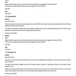 May include: A page from a manual with troubleshooting steps for a seed monitoring system. The text includes voltage checks, wire repairs, and connector disconnections. The document is from greenfarmmanuals.com.