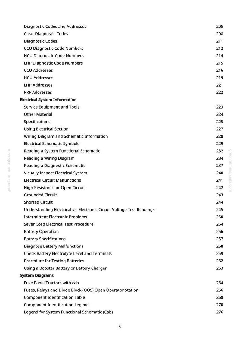May include: A manual page detailing diagnostic codes, electrical system information, and system diagrams. The text is black on white. The page includes sections on battery operation and testing. Page number 6.