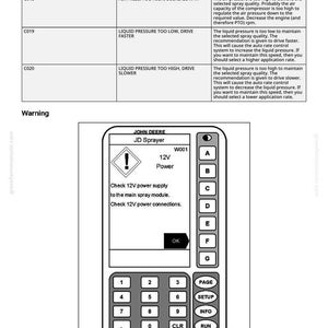 May include: A control panel from a John Deere JD Sprayer, displaying warnings and operational instructions. The panel includes a 12V power indicator, function buttons, and text prompts for air and liquid pressure adjustments.