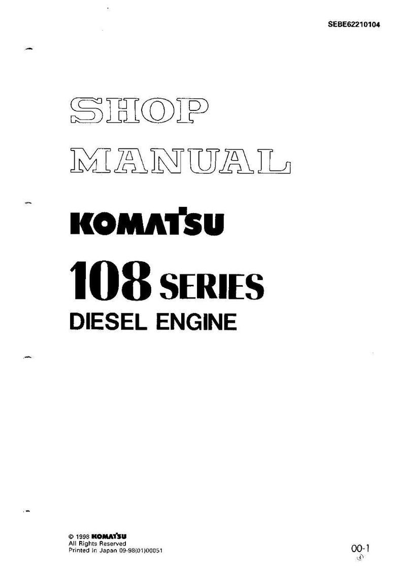 K&ouml;nnte beinhalten: Eine wei&szlig;e Seite mit dem Text "SHOP MANUAL" in fetter, umrandeter Schrift. Darunter steht "KOMATSU" in fetter, schwarzer Schrift, gefolgt von "108 SERIES DIESEL ENGINE". Es ist ein Werkstatthandbuch.