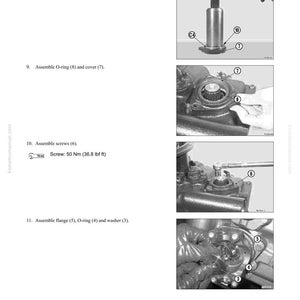 May include: A page from a manual detailing the disassembly and assembly of a transmission. The image shows diagrams with labels for parts like seal rings, O-rings, screws, flanges, and washers. Text includes instructions and torque specifications.
