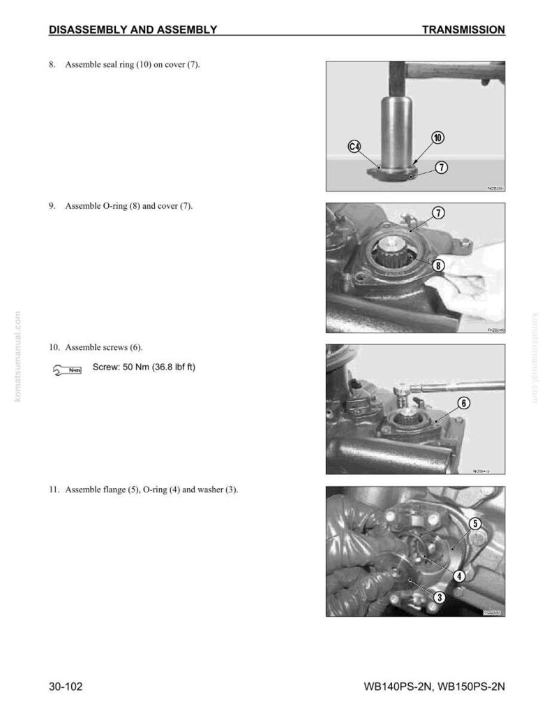 May include: A page from a manual detailing the disassembly and assembly of a transmission. The image shows diagrams with labels for parts like seal rings, O-rings, screws, flanges, and washers. Text includes instructions and torque specifications.