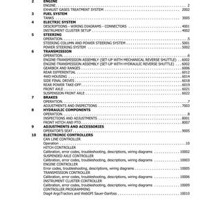 May include: A detailed table of contents from a manual, listing sections on engine, fuel system, electric system, steering, transmission, brakes, hydraulic components, and electronic controllers. The document is dated November 2016.