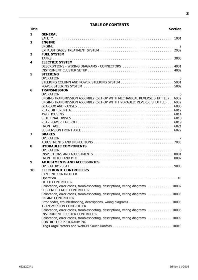 May include: A detailed table of contents from a manual, listing sections on engine, fuel system, electric system, steering, transmission, brakes, hydraulic components, and electronic controllers. The document is dated November 2016.
