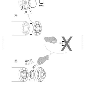 May include: Technical diagram showing mechanical components, including circular parts with bolt holes, a paint can labelled "EM22", and a tube labelled "MSA 10". The image also shows the Komatsu logo and part numbers.