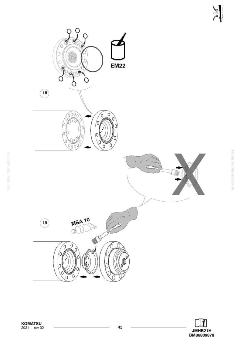 May include: Technical diagram showing mechanical components, including circular parts with bolt holes, a paint can labelled "EM22", and a tube labelled "MSA 10". The image also shows the Komatsu logo and part numbers.
