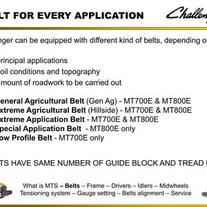 May include: A yellow and black informational graphic with the text "A Belt for Every Application" and the Challenger logo. The graphic lists different types of belts, including General Agricultural, Extreme Agricultural, and Special Application belts.