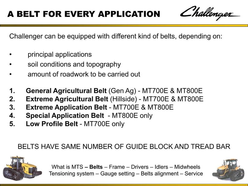 May include: A yellow and black informational graphic with the text "A Belt for Every Application" and the Challenger logo. The graphic lists different types of belts, including General Agricultural, Extreme Agricultural, and Special Application belts.