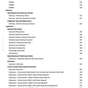 May include: A white page with a table of contents from a manual. The text includes sections on steering, hydraulics, and diagnostic tests. Page numbers are listed on the right side.