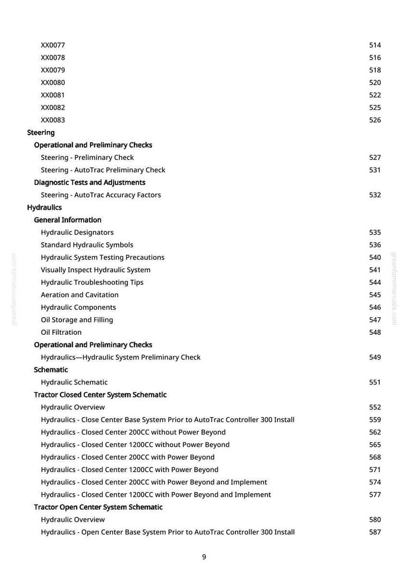 May include: A white page with a table of contents from a manual. The text includes sections on steering, hydraulics, and diagnostic tests. Page numbers are listed on the right side.