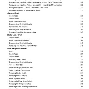 May include: A detailed table of contents from a manual, listing automotive repair topics. Topics include wiring harnesses, charging circuits, and starter motor circuits. Page numbers are listed on the right.