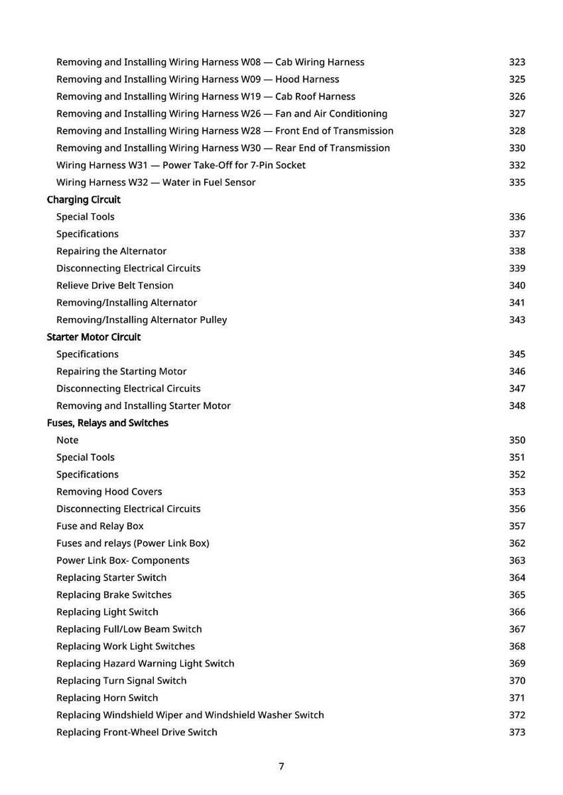 May include: A detailed table of contents from a manual, listing automotive repair topics. Topics include wiring harnesses, charging circuits, and starter motor circuits. Page numbers are listed on the right.