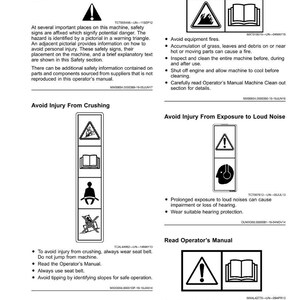 May include: A page from a manual titled "Safety Labels No-Text" with safety warnings. The page includes diagrams with warning symbols and text, such as "Avoid Injury From Equipment Fires" and "Avoid Injury From Crushing."