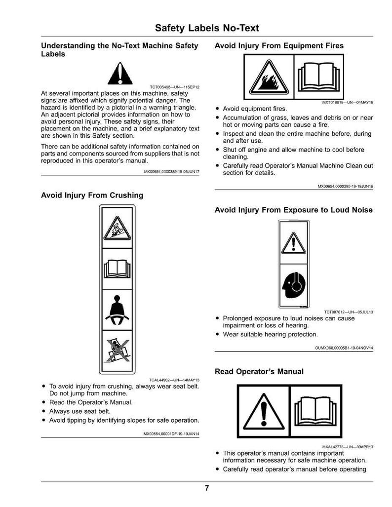 May include: A page from a manual titled "Safety Labels No-Text" with safety warnings. The page includes diagrams with warning symbols and text, such as "Avoid Injury From Equipment Fires" and "Avoid Injury From Crushing."