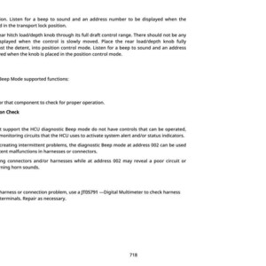 May include: A page of technical instructions with black text detailing vehicle diagnostic procedures. It covers transport lock position, beep sounds, and harness/connection checks. The page includes the number 718 at the bottom.