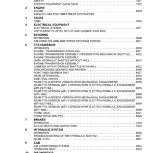 May include: A detailed table of contents from ARGO TRACTORS, listing sections for general information, engine, tanks, electrical equipment, steering, transmission, brakes, hydraulic system, cab, and diagnostics. The document is dated July 2023.