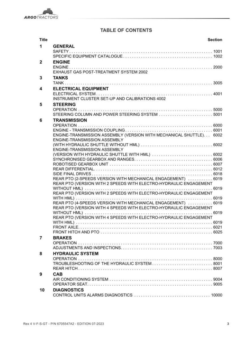 May include: A detailed table of contents from ARGO TRACTORS, listing sections for general information, engine, tanks, electrical equipment, steering, transmission, brakes, hydraulic system, cab, and diagnostics. The document is dated July 2023.