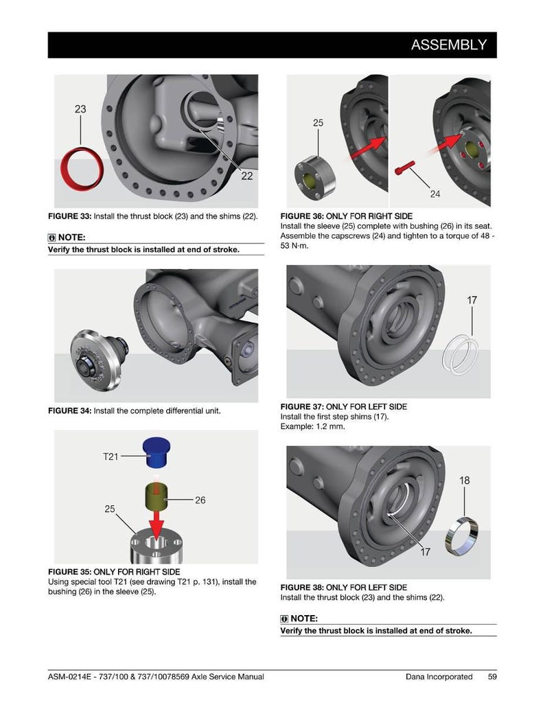 May include: An assembly diagram from an axle service manual. The diagram shows various steps for installing components, including thrust blocks, shims, sleeves, and capscrews. Text includes torque specifications and tool references.