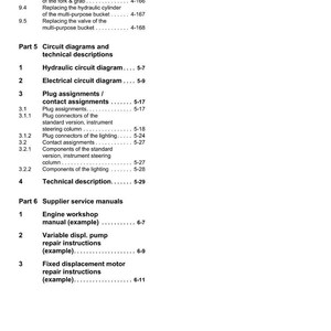May include: A white document with a table of contents and technical descriptions. The document includes sections on circuit diagrams, supplier service manuals, and various repair instructions. The Weidemann logo is in the upper right corner.