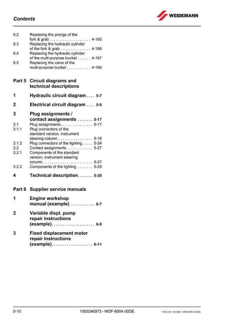 May include: A white document with a table of contents and technical descriptions. The document includes sections on circuit diagrams, supplier service manuals, and various repair instructions. The Weidemann logo is in the upper right corner.