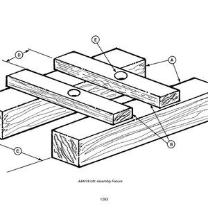 May include: Line drawing of an assembly fixture made of wood. The fixture consists of rectangular blocks and planks arranged in a grid-like pattern. The planks have circular holes. Text at the bottom reads "A44418-UN: Assembly Fixture" and "1283".