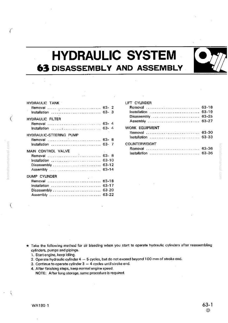 Może przedstawiać: Szczeg&oacute;łowy schemat techniczny zatytułowany "UKŁAD HYDRAULICZNY 63 DEMONTAŻ I MONTAŻ". Dokument wymienia procedury dla komponent&oacute;w hydraulicznych, takich jak zbiorniki, filtry i cylindry. Zawiera instrukcje dotyczące odpowietrzania i pracy silnika.