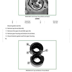 以下が含まれることがあります： ポンプスラストブロックとギアの図で、ガスケットシール、スラストブロック、ドライブギア、アイドルギアのラベルが付いています。画像には、ブッシュとチャネルシールを備えた上部および下部スラストブロックも表示されています。