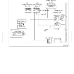 May include: A circuit diagram related to travel PPC oil pressure switch and travel alarm. The diagram includes components labeled JD1, JD3, JD5, D02, CP01, P09, F01, and M14. Text includes "E-25 Monitoring function fails to display travel normally."