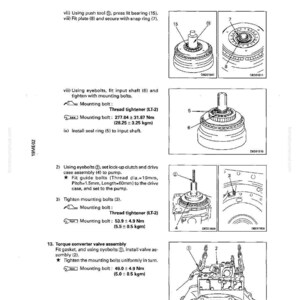 May include: Diagram from a manual showing the disassembly and assembly of a torque converter. The image includes detailed illustrations of various components, including bolts, shafts, and bearings, with measurements in Nm and kgm.