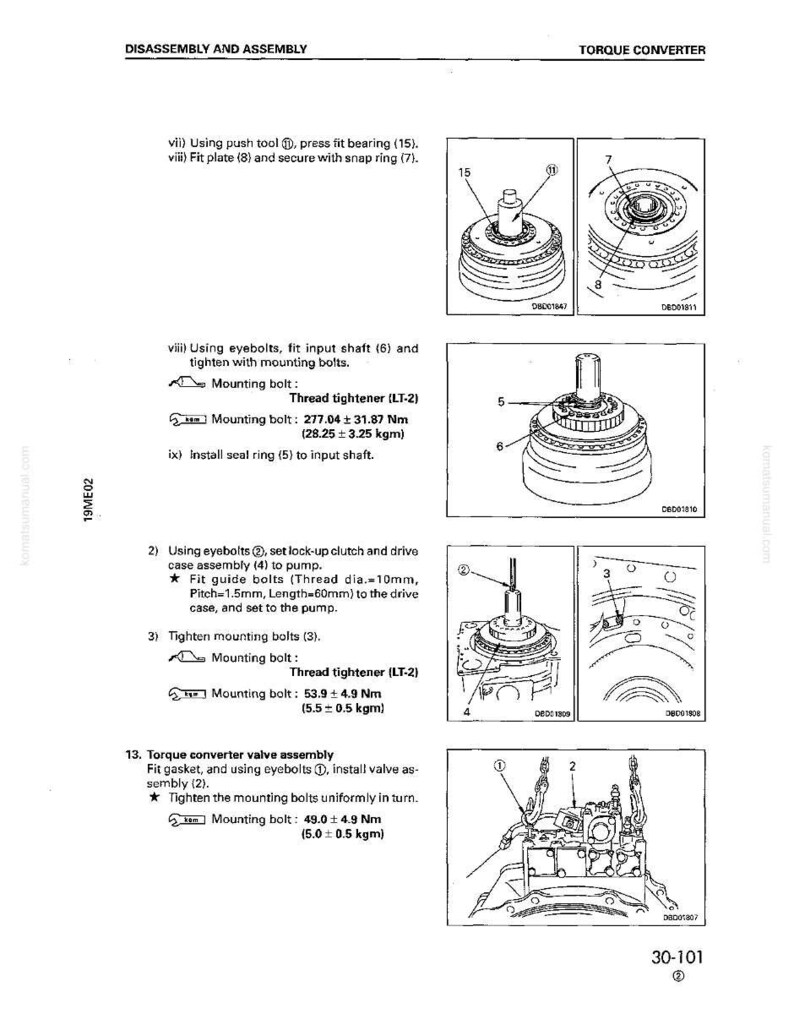 May include: Diagram from a manual showing the disassembly and assembly of a torque converter. The image includes detailed illustrations of various components, including bolts, shafts, and bearings, with measurements in Nm and kgm.