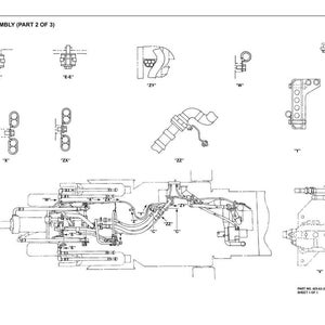 May include: Detailed technical diagram of a hydraulic line assembly, part 2 of 3, with various components labeled. The diagram is in black and white, showing different parts and their connections. Text includes "HYDRAULIC LINE ASSEMBLY (PART 2 OF 3)".