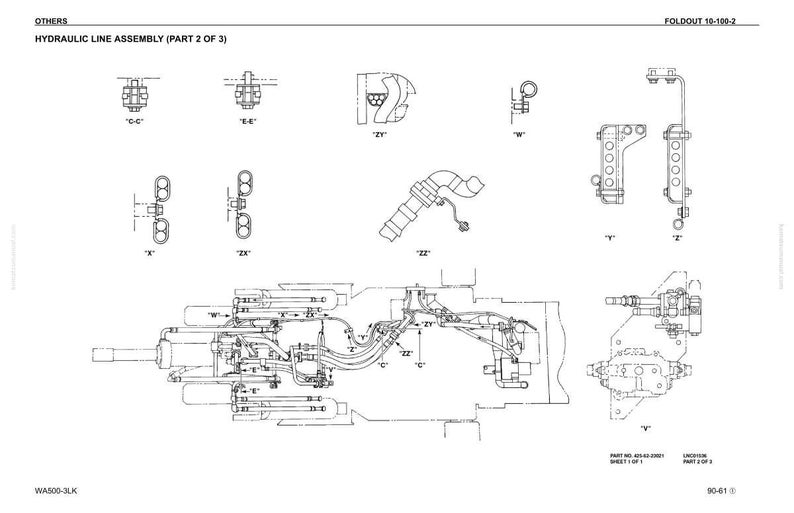 May include: Detailed technical diagram of a hydraulic line assembly, part 2 of 3, with various components labeled. The diagram is in black and white, showing different parts and their connections. Text includes "HYDRAULIC LINE ASSEMBLY (PART 2 OF 3)".