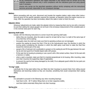 Pu&ograve; includere: Una pagina di manuale intitolata "ISTRUZIONI GENERALI" con la sezione "1001". Contiene istruzioni per manutenzione, batteria, spessori di regolazione, tenute dell'albero rotante, guarnizioni O-ring, cuscinetti e spine elastiche. Include una sezione di avvertimento.