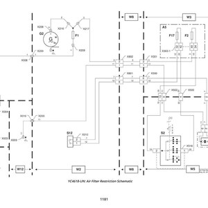 May include: A detailed schematic diagram of an air filter restriction system, with various components and wiring connections. The diagram includes labels such as G2, F1, S12, and W8, and the text "YC4618-UN: Air Filter Restriction Schematic".