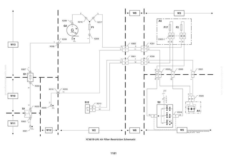 May include: A detailed schematic diagram of an air filter restriction system, with various components and wiring connections. The diagram includes labels such as G2, F1, S12, and W8, and the text "YC4618-UN: Air Filter Restriction Schematic".