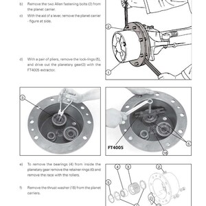 May include: Diagram from a workshop service manual for MF 400 Series front axles. The image shows detailed illustrations of the final drive disassembly process, including removing bolts, gears, and washers. The text includes instructions and part numbers.